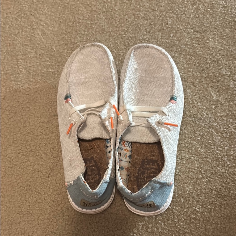 Hey Dude White and Blue Moccasin Shoes